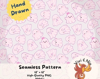 Pink Ghost Seamless Pattern Cute Kawaii Halloween Design Digital PNG for Fabric, Tumblers Crafts Cute Girly Spooky Aesthetic Design