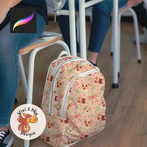 May include: A pink backpack with a repeating pattern of cartoon animals, bows, and polka dots. The backpack has white zippers and handles. The backpack is sitting on a wooden floor.