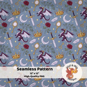 May include: A seamless pattern on a blue background featuring repeating illustrations of purple dragons, gold crowns, silver swords, red roses, gold hand mirrors, white crescent moons, clear crystals, and gold keys, with small yellow stars.