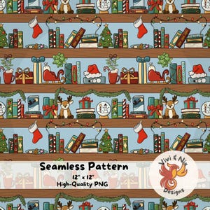 May include: Seamless Christmas-themed pattern featuring bookshelves filled with festive items. Includes books, gifts, stockings, snow globes, reindeer, Christmas trees, and Santa hats. The pattern is 12" x 12" and high-quality.