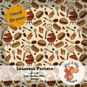 May include: A seamless pattern featuring hand-drawn illustrations of grilling and barbecue elements, including burgers, hot dogs, grills, flames, and utensils. The pattern is in a vintage style with a beige background and red, orange, and brown accents. The text "Hand Drawn" and "Seamless Pattern" is included in the image.