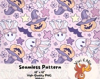 Coquette Ghost Witch Pumpkin Halloween Seamless Pattern Pastel Cute Ghosts Pumpkins PNG Kawaii Spooky Digital Paper 12x12 Seamless File