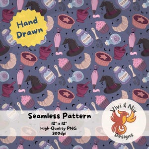 May include: Seamless pattern featuring hand-drawn illustrations of witch hats, cupcakes, croissants, jars labeled "Crystals", and other baking-themed elements. The design includes a dark blue background with stars and moons. The pattern is 12" x 12" and is high-quality PNG.