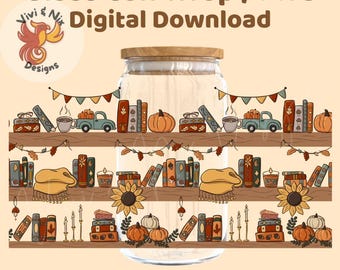 Fall Bookshelf Glass Can Wrap PNG Autumn Sublimation Wrap for 16oz 20oz Glass Cans Cozy Pumpkin Book Digital Download