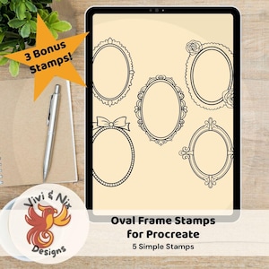 May include: A digital art product displayed on a tablet, featuring five black oval frame stamps with various decorative designs. The text reads "Oval Frame Stamps for Procreate" and "5 Simple Stamps." A star-shaped graphic says "3 Bonus Stamps!"