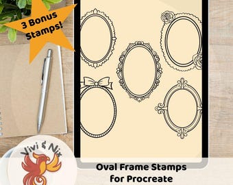 Procreate Framestempelborstelset 5 ovale frames 3 bonusborstels Digitale download Digital Art Journal Collage Naadloos patroon Ontwerptool