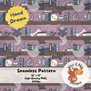 Ghost Bookish Seamless Pattern, PNG, Bookshelf Seamless, Cute Ghost Library and Books, Gothic Aesthetic Digital Paper, Dark Bookish Design