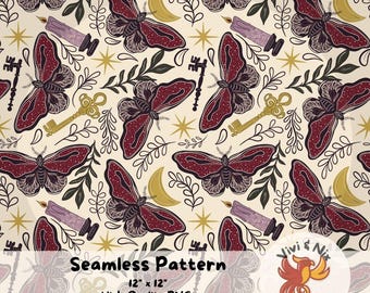 May include: Seamless pattern featuring burgundy moths, gold keys, crescent moons, and candles on a cream background. The design includes sprigs of leaves and starbursts. The pattern is 12 inches by 12 inches.