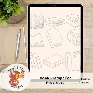 May include: A digital tablet displays line art book stamps for Procreate. The image includes various book illustrations, a notebook, a pen, and a logo with a phoenix design. The text reads "Book Stamps for Procreate" and "10 Simple Stamps."