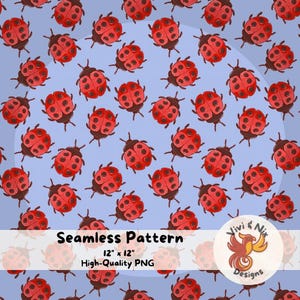 Pode incluir: Padrão sem costura com joaninhas vermelhas com manchas pretas sobre um fundo azul claro. As joaninhas são distribuídas uniformemente. O texto diz "Seamless Pattern", com dimensões de 30,48 cm x 30,48 cm e "High-Quality PNG".