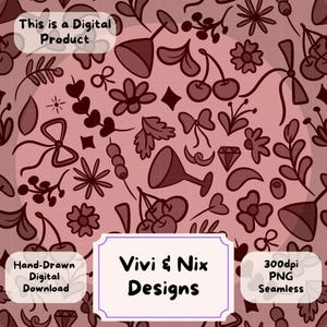 Dark Red Cherry Martini Seamless Pattern, Ditsy Floral Digital Paper, Floral Print, 300DPI PNG, Olives and Coquette Bows, Instant Download