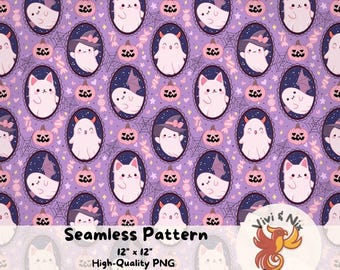 Cute Girly Ghost Seamless Pattern Digital Download Halloween Frames Pumpkins Candy Pink Purple PNG