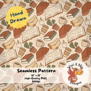 Peut inclure: Un motif sans couture avec des illustrations dessinées à la main d'éléments d'hiver douillets, y compris des livres, des tasses à café, des bougies, des plantes d'intérieur et des chaussettes. Le motif est dans des tons chauds et terreux et a une esthétique vintage. Le texte "Hand Drawn" et "Seamless Pattern" est inclus dans l'image.