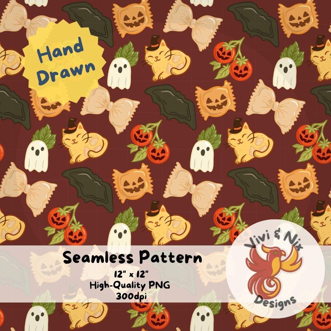 Spooky Pasta Seamless Pattern Cute Halloween Pasta Digital Paper Ghost ...