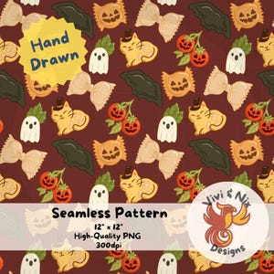 May include: A seamless Halloween pattern featuring hand-drawn illustrations of ghosts, cats, pumpkins, bats, and bow ties in shades of orange, cream, and black on a maroon background. The pattern is 12" x 12" and is high-quality PNG.