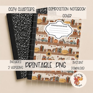 May include: Two composition notebook covers featuring a pattern of bookshelves with books, pumpkins, candles, sunflowers, and small trucks. One cover has a classic black and white speckled design, and the other has a beige background with autumn motifs.
