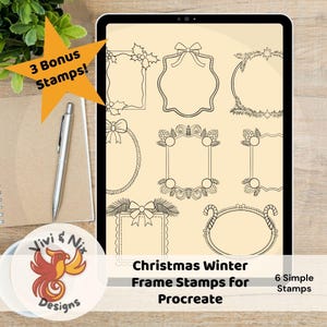 May include: A digital art set on a tablet, showcasing nine black and white Christmas and winter-themed frame stamps. Designs include holly, bows, and candy canes. Text reads "Christmas Winter Frame Stamps for Procreate" and "6 Simple Stamps".