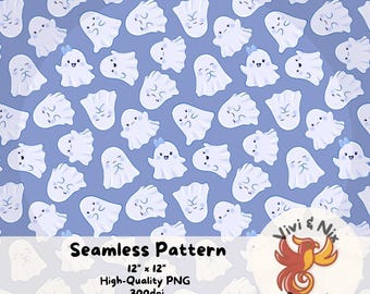 Patrón sin costuras de fantasma azul, lindo papel digital de Halloween, fantasmas espeluznantes PNG, diseño sin costuras de Halloween pastel, fondo de álbum de recortes