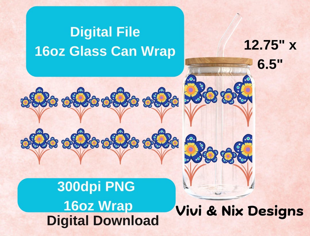 Floral Glass Can Wrap Digital File Mexican Style Flower 300dpi PNG 16oz ...