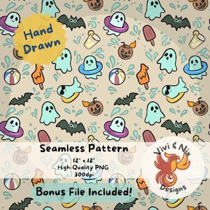 Ghost Summer Swim Party Seamless Pattern, Cute Halloween Beach Pool Digital Paper, Ghosts, Popsicles, Pool Tubes, Coconut Pumpkins PNG