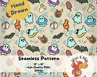 Patrón sin costuras de fiesta de verano fantasma, papel digital de Halloween para piscina de playa, fantasmas, paletas, flotadores de piscina, calabazas de coco PNG