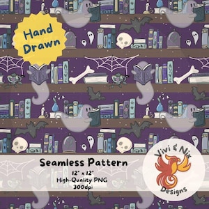 Ghost Bookish Seamless Pattern, PNG, Bookshelf Seamless, Cute Ghost Library and Books, Gothic Aesthetic Digital Paper, Dark Bookish Design