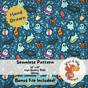 Ghost Summer Swim Party Seamless Pattern, Cute Halloween Beach Pool Digital Paper, Ghosts, Popsicles, Pool Tubes, Coconut Pumpkins PNG