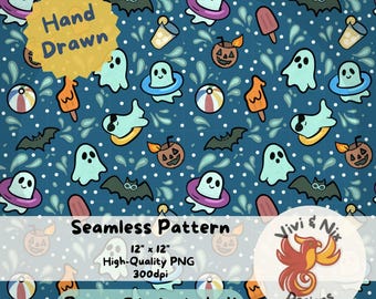 Patrón sin costuras de fiesta de verano fantasma, papel digital de Halloween para piscina de playa, fantasmas, paletas, flotadores de piscina, calabazas de coco PNG