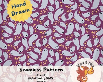 Spooky Cute Ghost Seamless Pattern, Ghost Digital Paper on Pink, Dark Aesthetic PNG, Halloween, Hand Drawn PNG Download, 300DPI