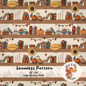 Peut inclure: Motif sans couture sur le thème de l'automne. Il présente des étagères avec des livres, des citrouilles, des tournesols, des bougies et un petit camion transportant des citrouilles. Le texte "Seamless Pattern" et "12" x 12"" sont également visibles.