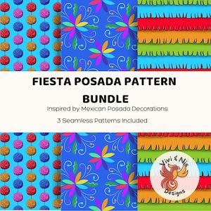 May include: A bundle of three seamless patterns inspired by Mexican Posada decorations. The patterns include colorful pom-poms on a blue background, floral designs, and fringed paper in red, green, and orange.
