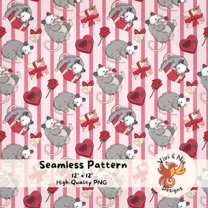 May include: Seamless pattern featuring cartoon opossums, gifts, roses, and heart-shaped boxes on a pink striped background. The design includes the text "Seamless Pattern", "12" x 12"", and "High-Quality PNG".