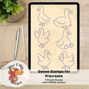 Könnte beinhalten: Ein digitales Tablet zeigt sechs einfache Gänse-Stempel im Strichstil. Unter den Bildern steht der Text "Goose Stamps for Procreate" sowie der Text "6 Simple Stamps and 5 BONUS stamps!". Ein Logo von Vivi & Nix Designs ist im Vordergrund.