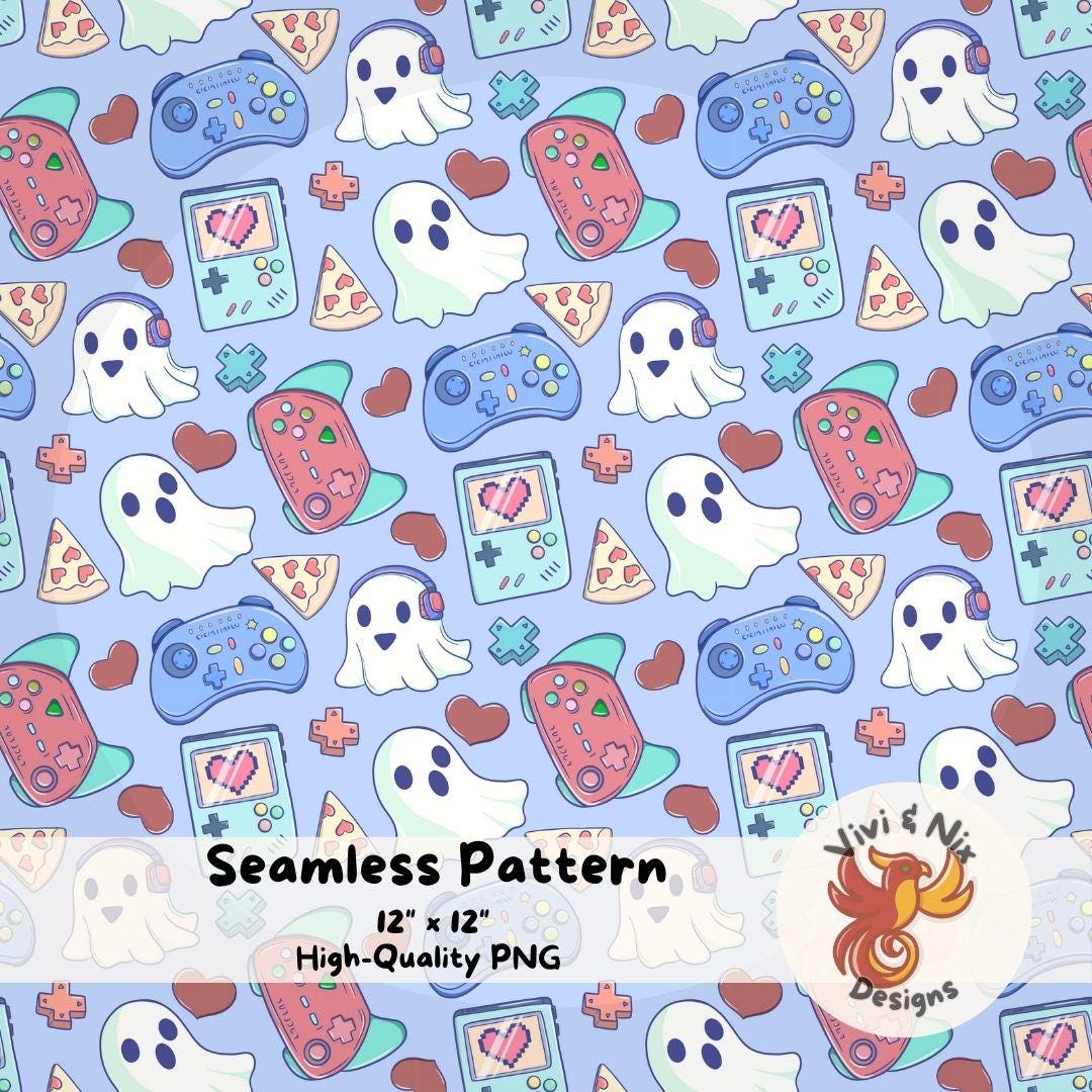 Ghost Gamer Seamless Pattern Cute Gaming PNG Kawaii Ghosts ...