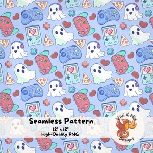 Op de afbeelding: Naadloos patroon met cartoongeesten, gamecontrollers, handheld consoles, pizzapunten en harten op een lichtblauwe achtergrond. Het patroon bevat de tekst "Seamless Pattern", "12" x 12"" en "High-Quality PNG".