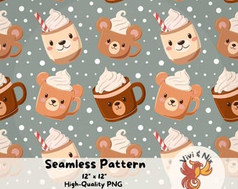 May include: A repeating pattern of cartoon bear-shaped mugs and cups of coffee, topped with whipped cream and straws. The design uses shades of brown and tan, set against a light grey backdrop with white polka dots. The text "Seamless Pattern" is included.