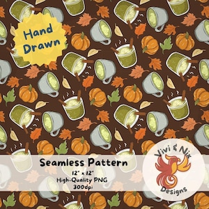 May include: A seamless pattern featuring hand-drawn illustrations of coffee mugs, pumpkins, and autumn leaves in shades of green, orange, and brown. The pattern includes the text "Hand Drawn" and "Seamless Pattern 12" x 12" High-Quality PNG 300dpi".