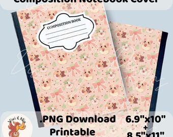 Printable Composition Notebook Cover Hand Drawn Cute Hamster Bow Cover Custom Back to School  Kids Workbook Covers Girly Back to School