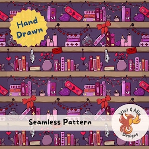 Love Bookshelf Seamless Pattern Cozy Pink & Red Book Nook, Hearts, Candles, Romantic Shelf Aesthetic Bookish Romance Digital Paper