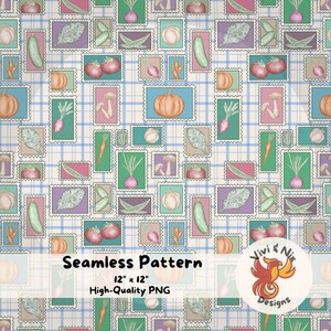 Vegetable Stamp Seamless Pattern Cottagecore Garden Plaid Digital Paper PNG for Fabric Kitchen Decor