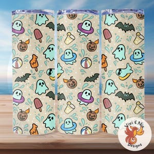 May include: Three 20 oz. stainless steel tumblers with a repeating pattern of cartoon ghosts, bats, jack-o'-lanterns, popsicles, beach balls, and cocktails. The background is a light beige with white polka dots and water splashes. The tumblers have a silver lid.