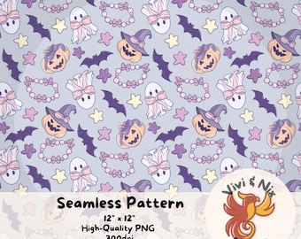 Patrón sin costuras de fantasmas y coquetas pastel para Halloween, lindos fantasmas, murciélagos, calabazas, papel digital, fondo espeluznante kawaii PNG, descarga instantánea