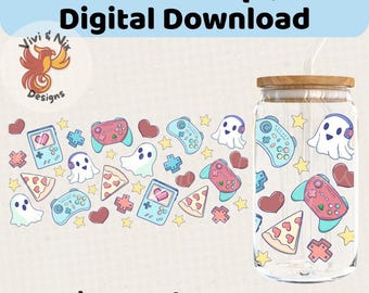 Valentine Ghost Gamer Glass Can Wrap PNG 16oz & 20oz Libbey Wrap Cute Kawaii Gamer Design Video Game PNG Hearts Pizza Ghost Wrap UVDTF
