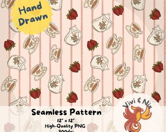Könnte beinhalten: Nahtloses Muster mit handgezeichneten Illustrationen von Teetassen, Teekannen und Erdbeeren auf einem rosa gestreiften Hintergrund. Das Design enthält den Text "Hand Drawn" und "Seamless Pattern".