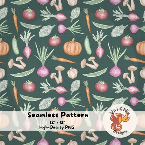 May include: Seamless pattern featuring watercolor illustrations of various vegetables, including pumpkins, tomatoes, carrots, onions, mushrooms, and zucchini, on a dark green background. The pattern is labeled as 12" x 12" high-quality PNG.