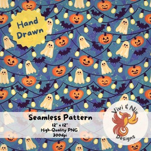 May include: A seamless Halloween pattern featuring orange jack-o'-lanterns, white ghosts, and black bats on a dark blue background. Strings of yellow lights add a festive touch. The words "Hand Drawn" and "Seamless Pattern" are visible.