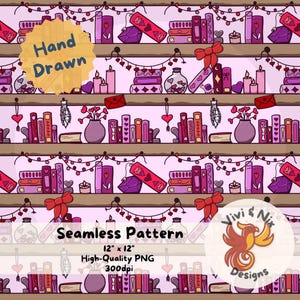 Bookish Valentine Bookshelf Seamless Pattern Seamless Design Hand Drawn PNG Download Digital Paper