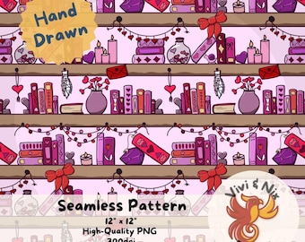 Bookish Valentine Bookshelf Seamless Pattern Seamless Design Hand Drawn PNG Download Digital Paper