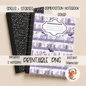May include: Two composition notebook covers featuring a printable PNG design. One cover has a classic black and white speckled pattern. The other displays a light purple shelf pattern with books, ghosts, skulls, bats, and witch hats, plus a label area.