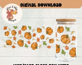 Fall Pumpkin Glass Can Wrap PNG 16oz & 20oz Glass Cup Wrap Autumn Leaves Glass Can Design Digital Download for Sublimation